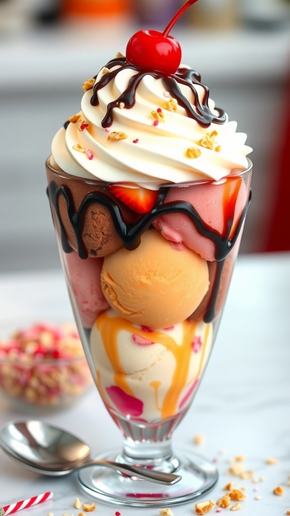 A colorful 5-scoop ice cream sundae topped with whipped cream, chocolate sauce, and a cherry.